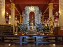 Stained glass windows and Deities in Thang Sai Temple